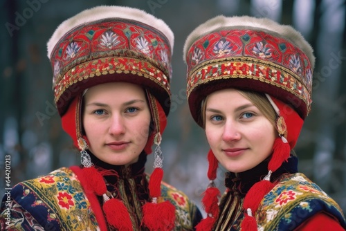 shot of two women wearing traditional russian hats photo