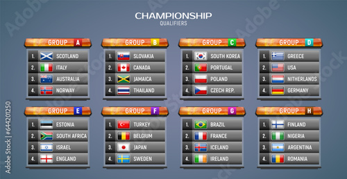 Sport scoreboard with groups and logos of different teams. Vector template for your design.