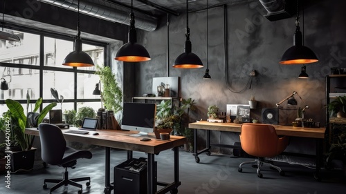 Inspiring office interior design Industrial style Office featuring Exposed pipes architecture. Generative AI AIG 31.