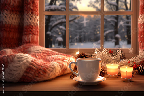 Winter Scenery with Coffee and Candles at Home