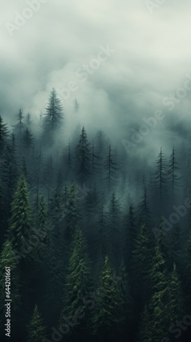 A dense fog enveloping a mystical forest filled with towering trees