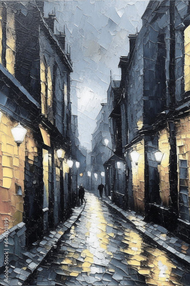 Dark Alley in Paris, strolling the streets of Paris at night, acrylic