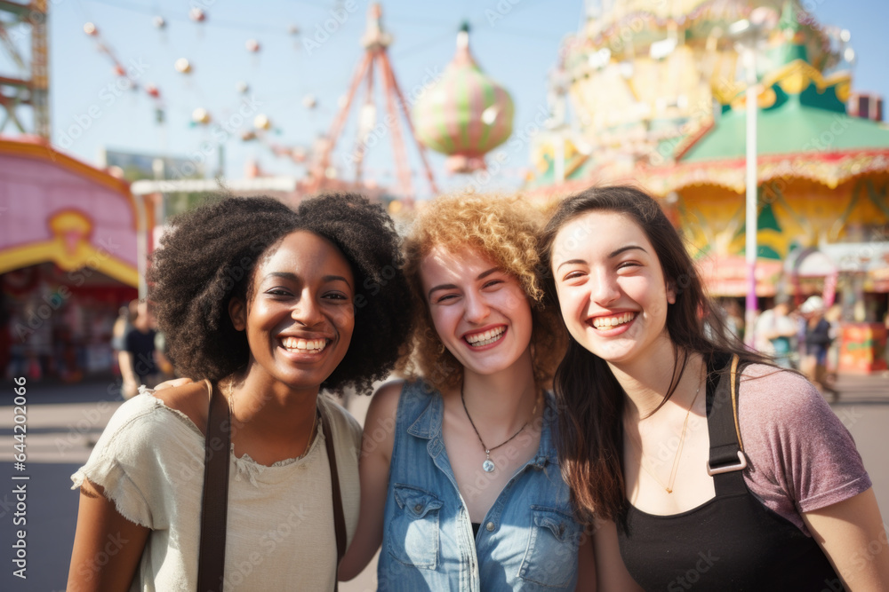 Happy young friends having fun in amusement park Prater in Vienna