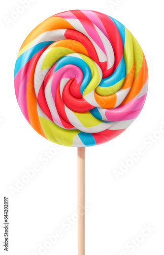 Colorful lollipop swirl on wooden stick isolated on transparent background. AI Generative