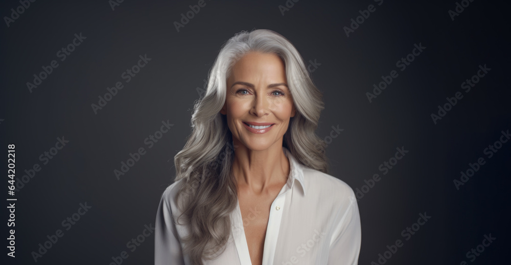 beautiful aging mature woman with gray hair and happy smiling, isolated on studio background beautiful aging mature woman with gray hair and happy smiling, isolated on studio background