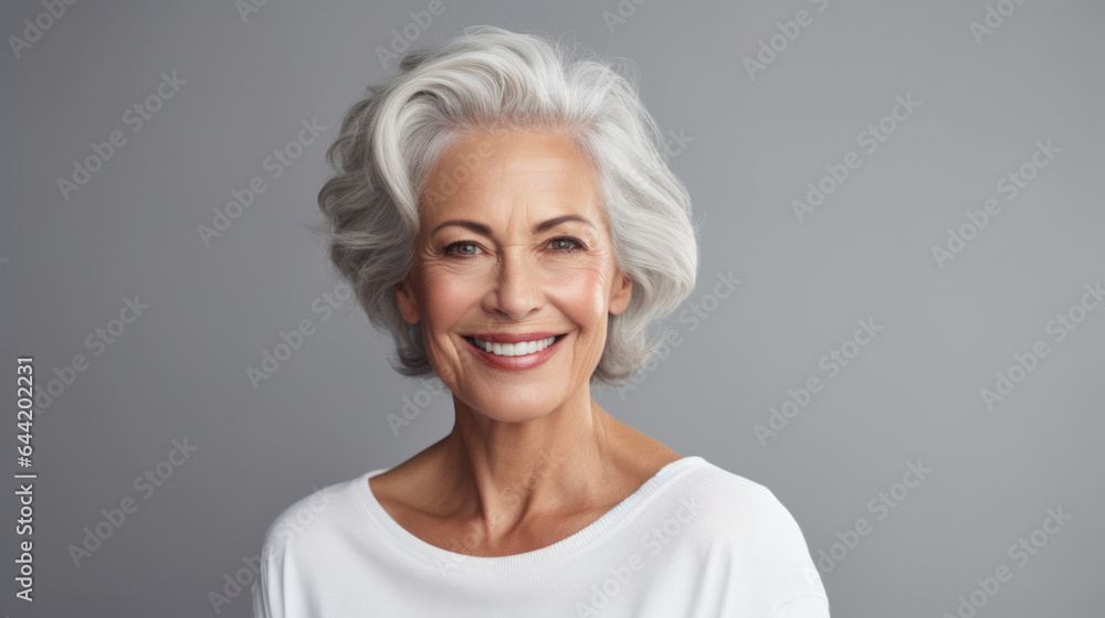 beautiful aging mature woman with gray hair and happy smiling, isolated on studio background