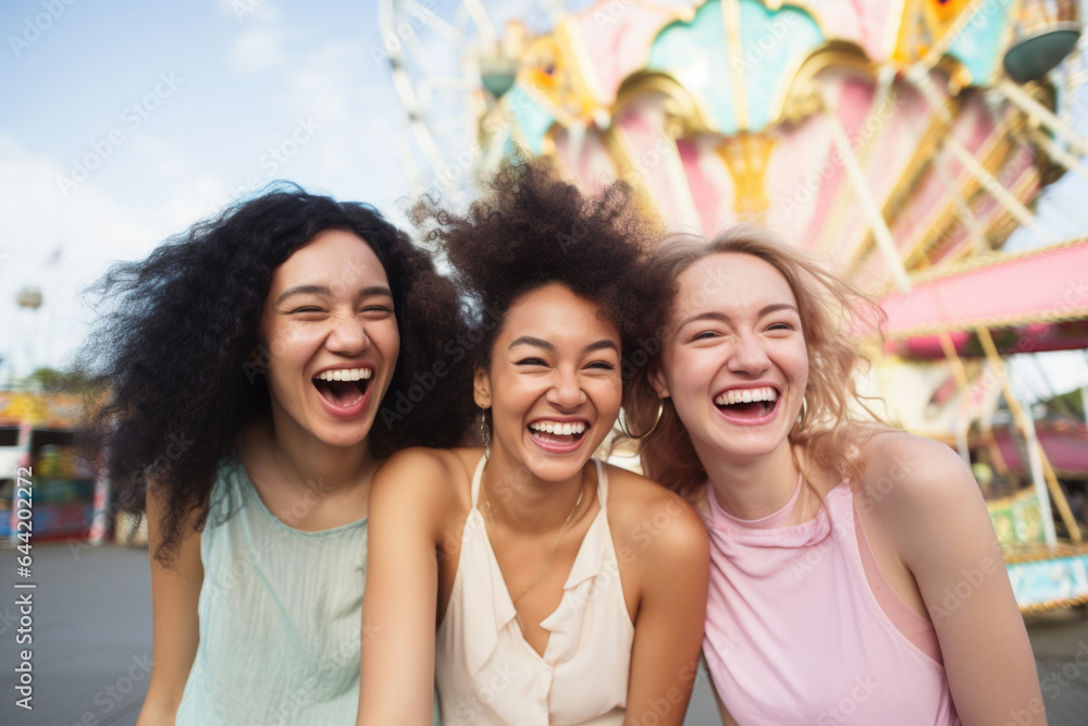 Happy young friends having fun in amusement park Prater in Vienna Happy young friends having fun in amusement park Prater in Vienna