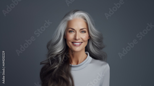 beautiful aging mature woman with gray hair and happy smiling, isolated on studio background
