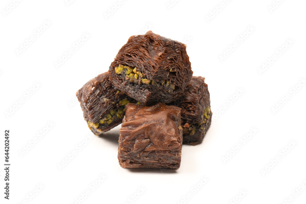 Turkish chocolate baklava isolated on white background. Turkish chocolate baklava isolated on white background.