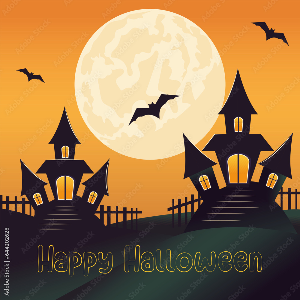 Vector illustration in cartoon style. Scary creepy house on the hill, halloween moonlit night. Congratulatory banner with text Happy Halloween.
