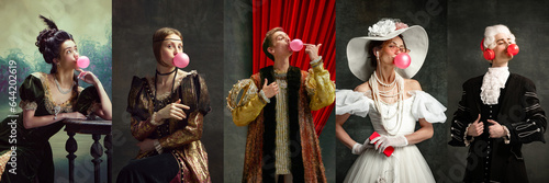 Young people medieval prince and princess in vintage costumes with bubble gum on dark retro background. Concept of comparison of eras, artwork, renaissance, baroque style. Creative collage. photo
