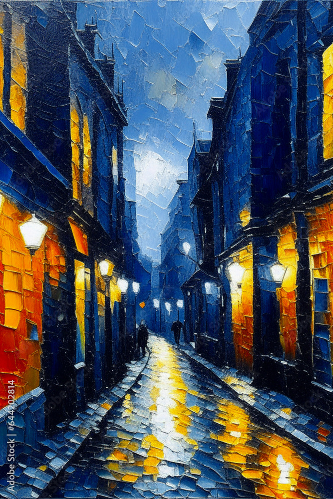 Dark Alley in Paris, strolling the streets of Paris at night, acrylic Dark Alley in Paris, strolling the streets of Paris at night, acrylic