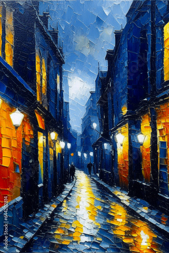 Dark Alley in Paris, strolling the streets of Paris at night, acrylic