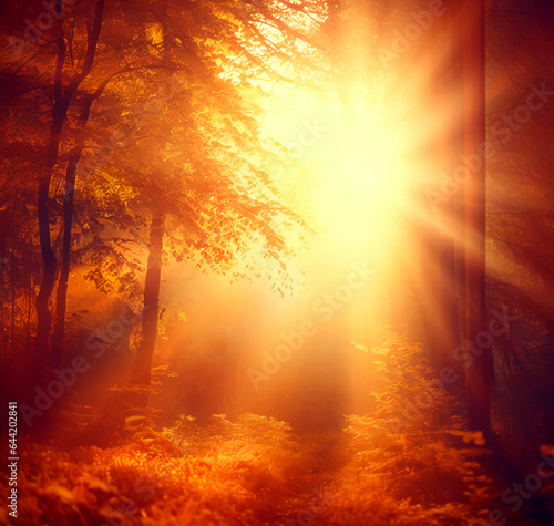 A sunset in the forest  the sun is shining through the trees in the woods  autumn sunlights  soft autumn sunlight  autumn light  golden autumn  autumn lights colors  autumn forest  AI generated