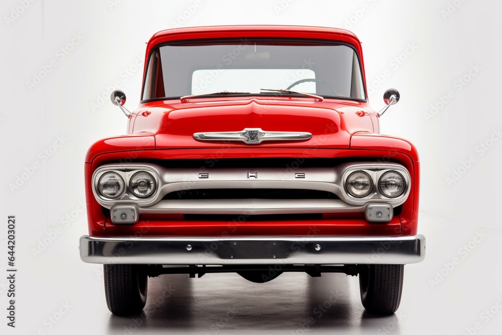 Red truck seen from the front against a white background. Generative AI