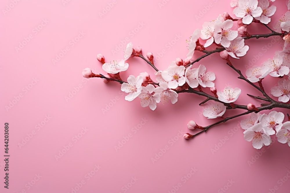 Beautiful blossoming branches on color background, top view. Space for text, cherry blossom on a pink background, AI Generated