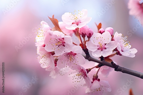 Beautiful blooming sakura flowers on blurred background, closeup, cherry blossom in spring, macro photo with shallow depth of field, AI Generated