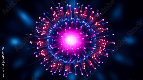 Circular glowing particles object in the dark with purple colored light, in the style of futuristic fragmentation, vibrant skylines, colorful purple explosions. 