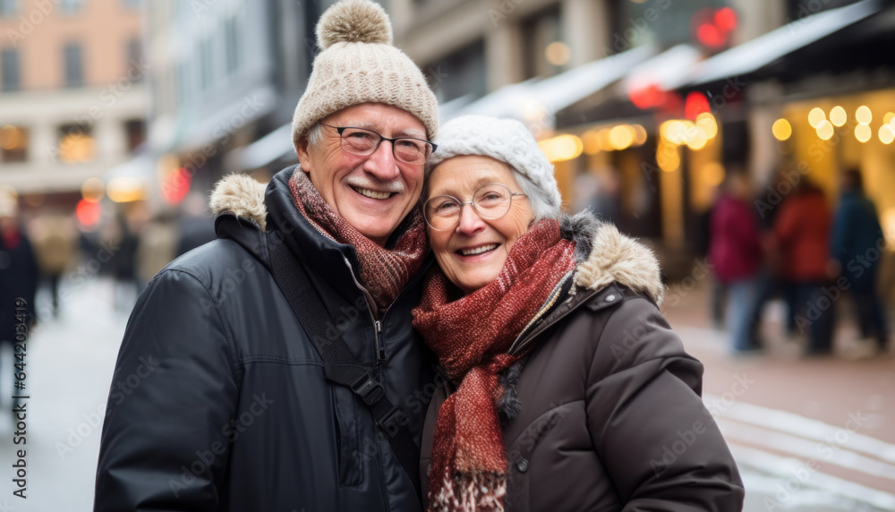 Senior couple having enjoying life in Christmas time. Elderly woman and elderly man smiling and looking at camera. City street, bokeh background.