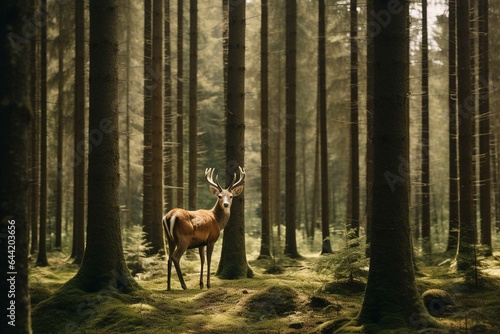 a deer surrounded by tall pines. Generative AI © Christopher