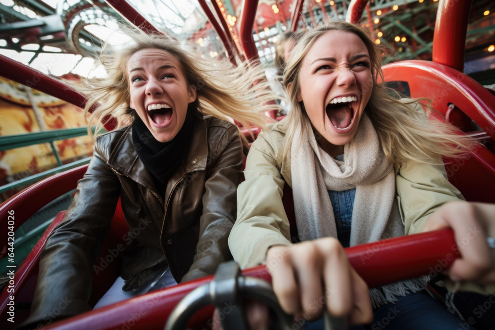  Happy young friends having fun in amusement park Prater in Vienna