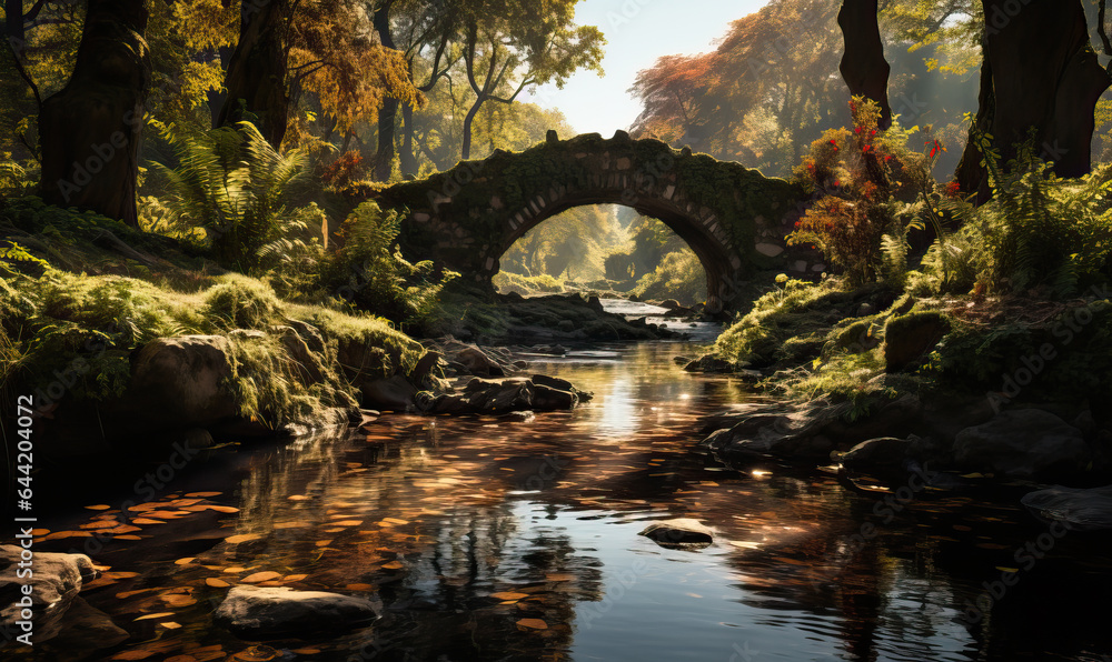 Fototapeta premium Natural landscape, bridge in the park on a summer day.