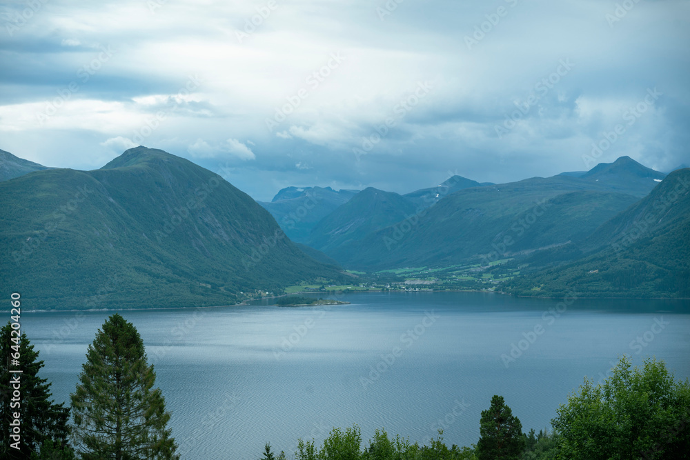 Beautiful view at the fjord and mountains in Norway. Landscape, scenic.