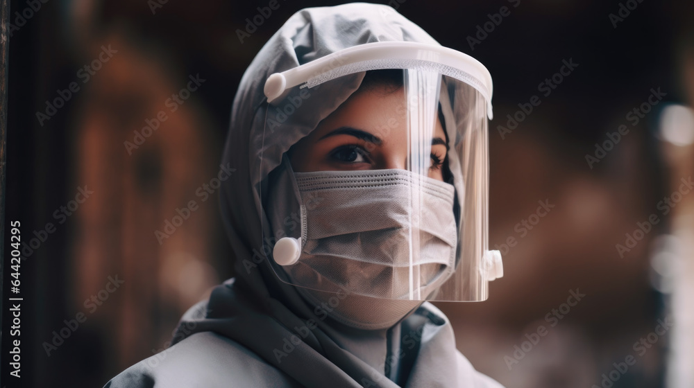  Islamic Woman Doctor Nurse in Pandemic Protective Gear with Face Mask and Shield - Generative AI