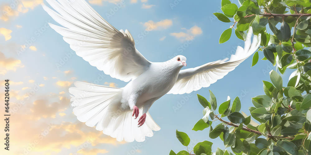 Obraz premium White dove with green leaves in the sky background, copy space. Creative banner of peace and light, God's grace.