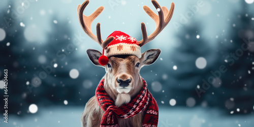 Deer in santa hat and scarf on gray christmas background