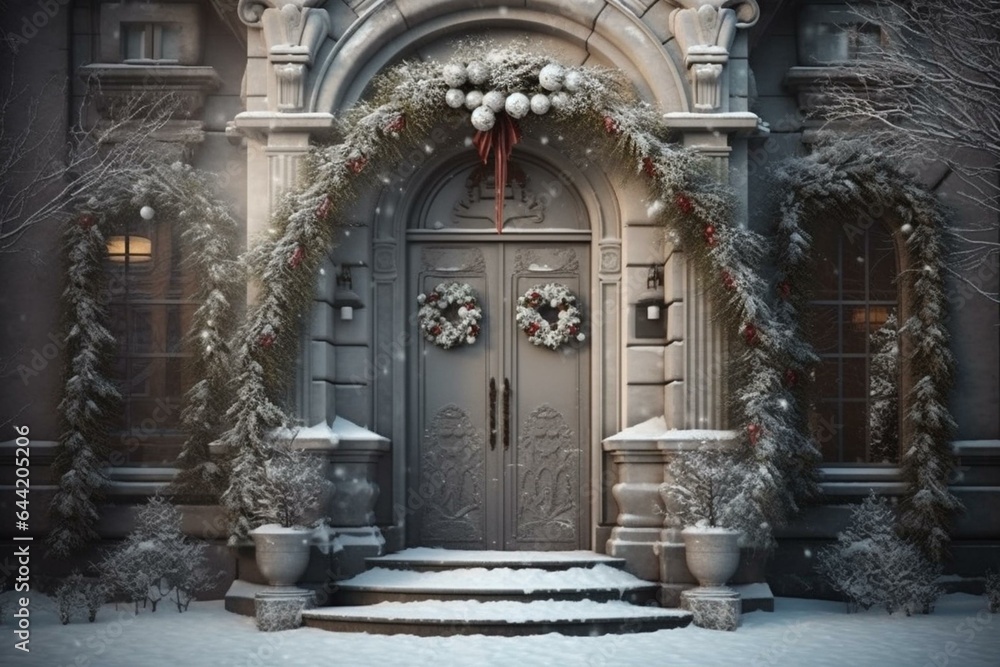 Stunning festive doors adorned with Christmas wreath, snowy backdrop, and illustrated background. A delightful digital artwork capturing holiday vibes. Generative AI