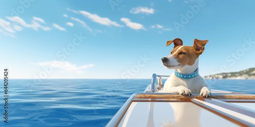 Fototapete Cute little jack russel terrier dog sailing on luxury yacht boat deck against sea water on bright sunny summer day