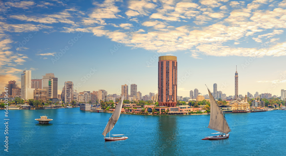 View on the sailboats in the Nile, TV tower and the river bank, Cairo, Egypt