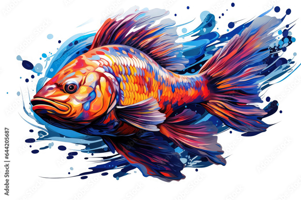 Bright multi-colored koi carp with spots and streaks of paint on a white background.