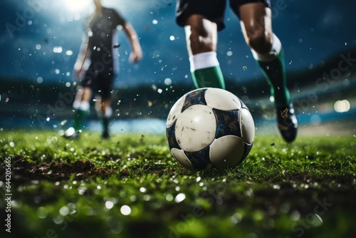 Soccer player in action kicking the ball on the field at night. Football Concept With a Copy Space. Soccer Concept With a Space For a Text. © John Martin