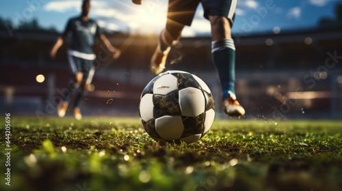 Soccer player kicking the ball on the field with blurred background. Football Concept With a Copy Space. Soccer Concept With a Space For a Text.