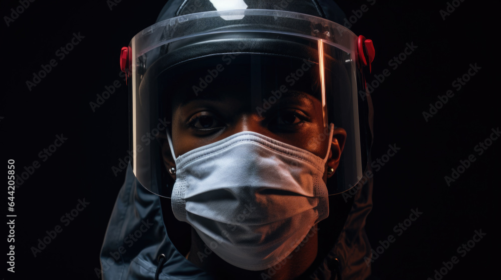 Close-Up Head Shot of African American Male Doctor in Hazmat Suit with Mask and Face Shield - Generative AI Close-Up Head Shot of African American Male Doctor in Hazmat Suit with Mask and Face Shield - Generative AI