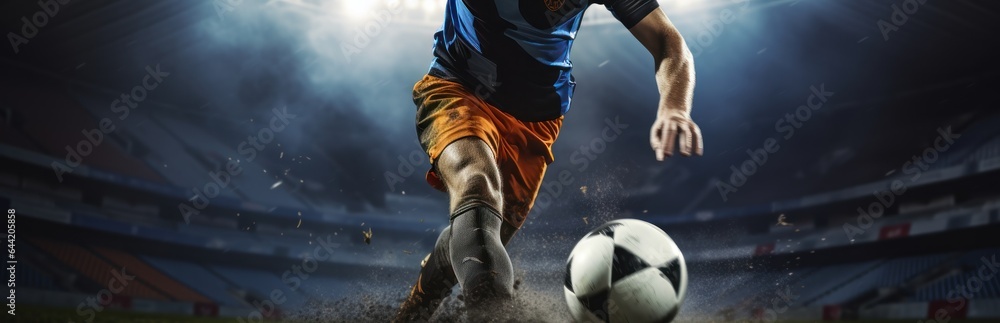 Soccer player in action on the field of stadium under spotlights. Football Concept With a Copy Space. Soccer Concept With a Space For a Text.