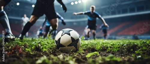 Soccer players in action on the field at night. Football Concept With a Copy Space. Soccer Concept With a Space For a Text.