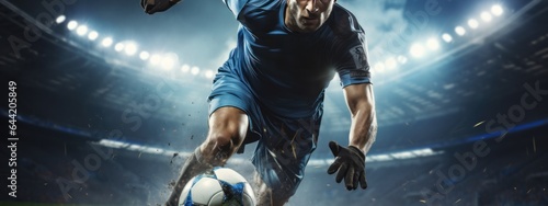Soccer player in action on the field at night under spotlights. Football Concept With a Copy Space. Soccer Concept With a Space For a Text. photo