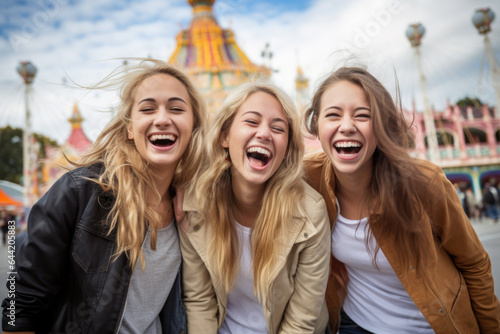 Happy young friends having fun in amusement park Prater in Vienna © Jasmina