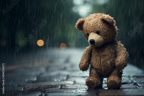 An endearing forlorn teddy bear standing in a heavy rainfall. Generative AI