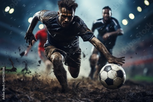 Soccer player in action at the stadium under the rain. Soccer players in action at the stadium. Soccer players on the field. © John Martin