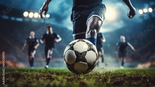 Soccer player in action on the field at night. Football Concept With a Copy Space. Soccer Concept With a Space For a Text.