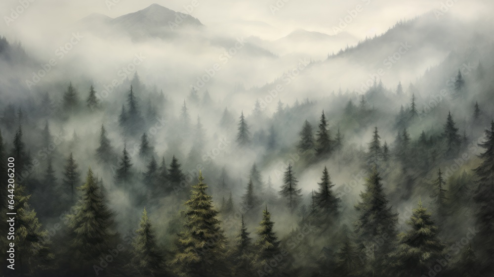 A misty forest with tall pine trees A misty forest with tall pine trees