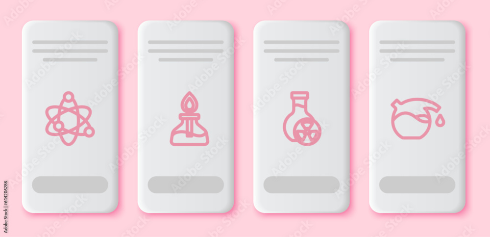 Set line Atom, Alcohol or spirit burner, Test tube with toxic liquid and . White rectangle button. Vector Set line Atom, Alcohol or spirit burner, Test tube with toxic liquid and . White rectangle button. Vector
