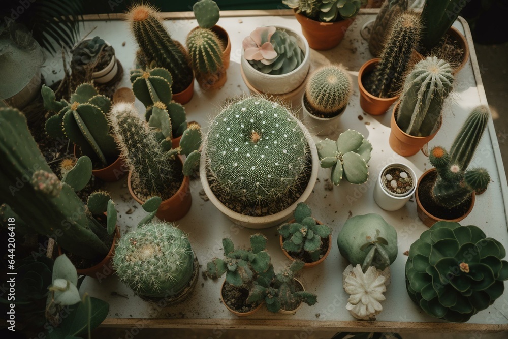 Flatlay of cacti arranged aesthetically. Generative AI