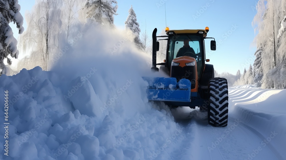A tractor is used to clear snow off the roads after a big snowfall. A tractor is used to clear snow off the roads after a big snowfall.