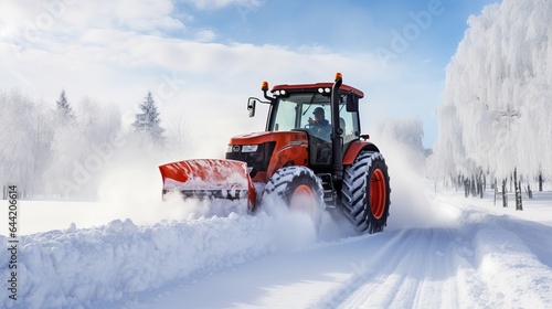 A tractor is used to clear snow off the roads after a big snowfall.