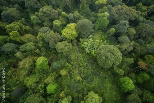 Bird's-eye view of luscious rainforest with vibrant foliage. Keywords: forestry, ecosystem, environment, healthy, lush, greenery, view, aerial, texture, top. Generative AI